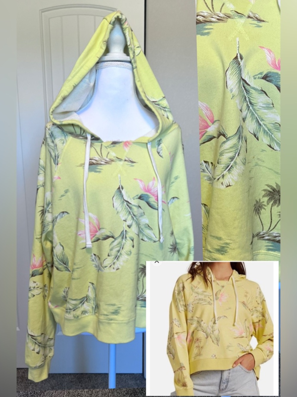 Billabong Yellow Floral Leaf Feather Hawaiian Cropped Hoodie Sweatshirt Medium